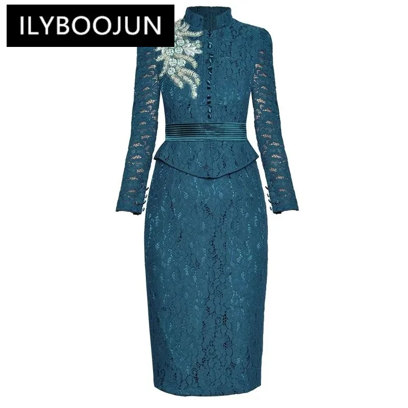 

ILYBOOJUN Fashion Designer Autumn Pencil Dress Women Stand Collar Long Sleeve Beading Embroidery Office Lady Lace Dresses