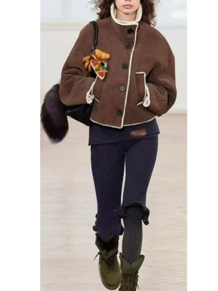 

European style new women's fashion versatile temperament simple suede composite long-sleeved high collar cotton coat