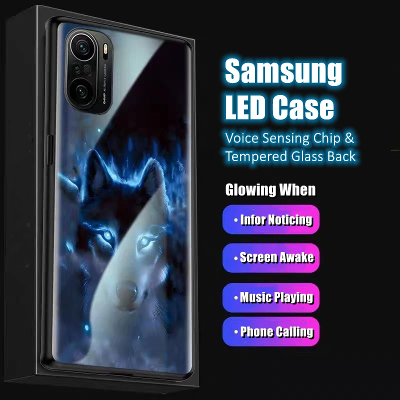 

Wolf LED Light Glowing Luminous Tempered Glass Back Phone Case for Samsung S24 S22 S23 Note 10 20 A14 A54 A73 Plus Ultra