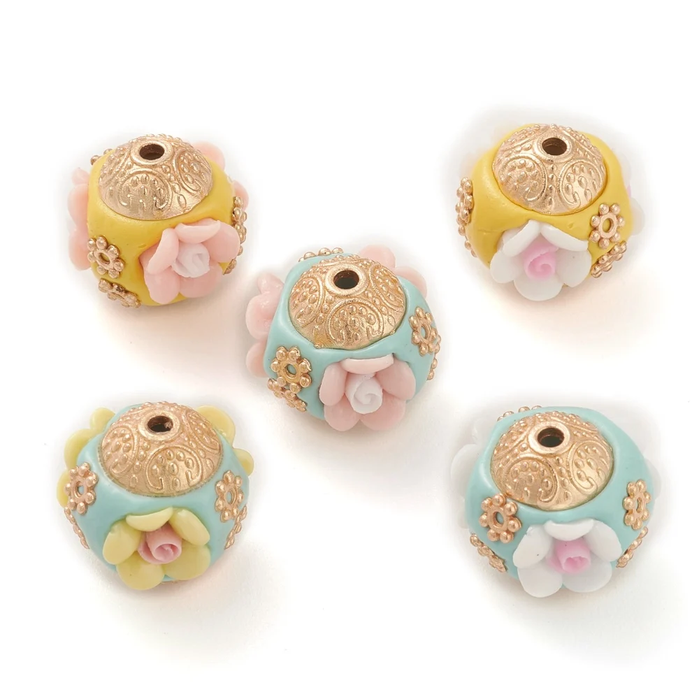 Handmade Indonésia Bead Rondelle com Flor, Resultados de Liga, Resina para Fazer Jóias DIY, Artesanato Suprimentos, 5Pcs