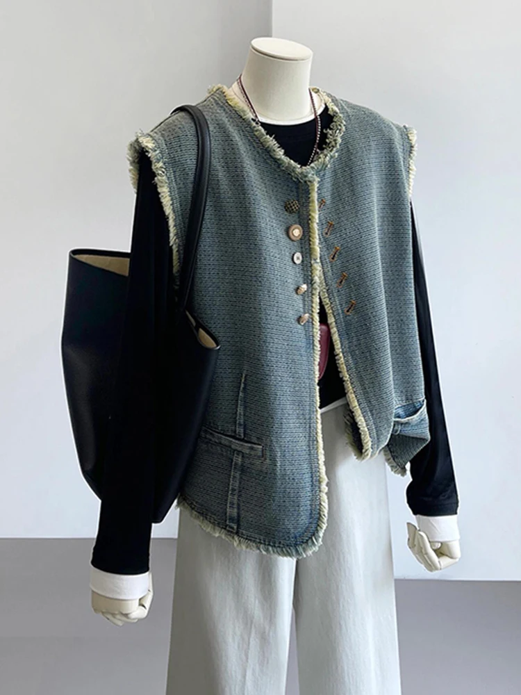 Spring Autumn Denim Jacket Women's Sleeveless Crop Top Trendy Layering Front Zipper round Neck Single Button Pure Color Vest