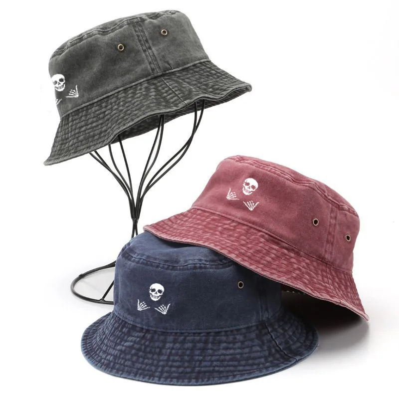 

Unisex Outdoor Sun Hats for Women Washed Aged Bucket Hat Skull Printed Man Fisherman Hat Sun Protection Hat Beach Accessories