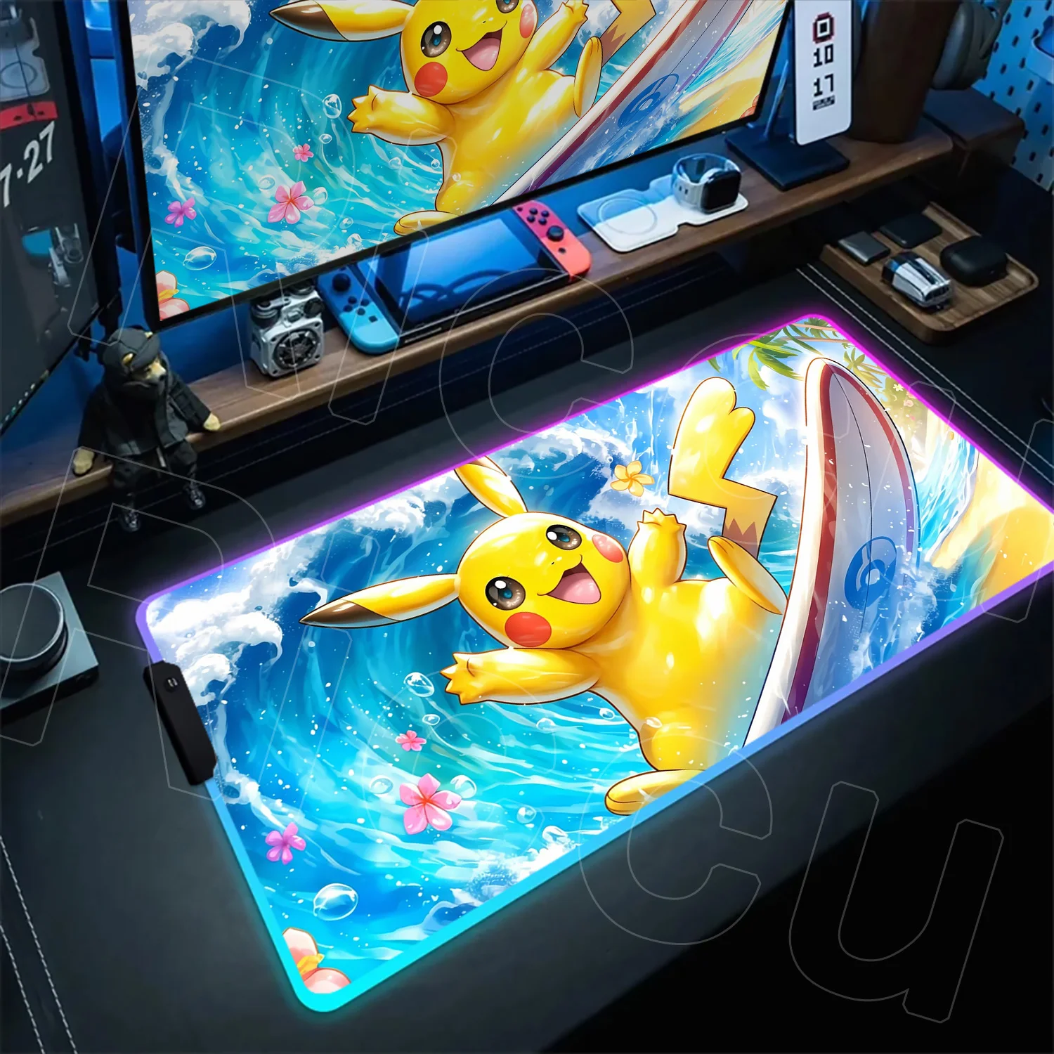 

LED Office Carpet Playmat RGB E-sports Washable Mouse Pad HD Printing Rubber Game Desk Mats Pokemon Pikachu Computer Backlit Rug