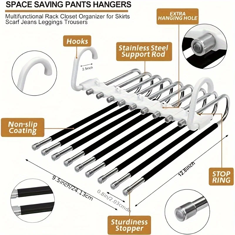 Upgraded 9 Layers Pant Hanger For Space Saving, Non Slip Stainless Steel Multifunctional Pants Rack, S-Type Clothes Pant Closet 