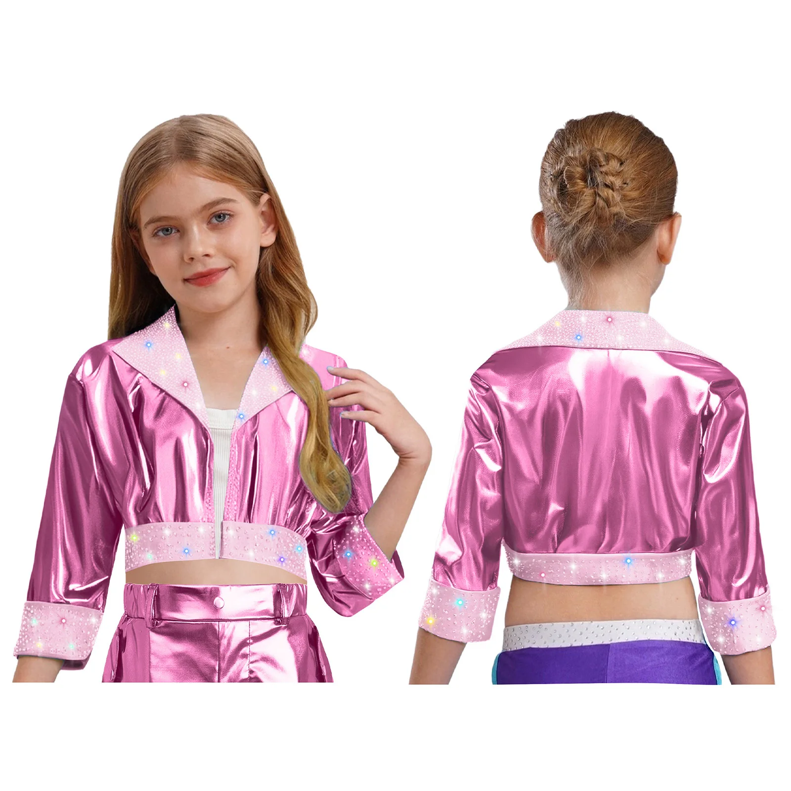 

Children Girls Jazz Dance Performance Costume Long Sleeve Rhinestones Metallic Jacket Top Outerwear Streetwear Casual Daily Wear