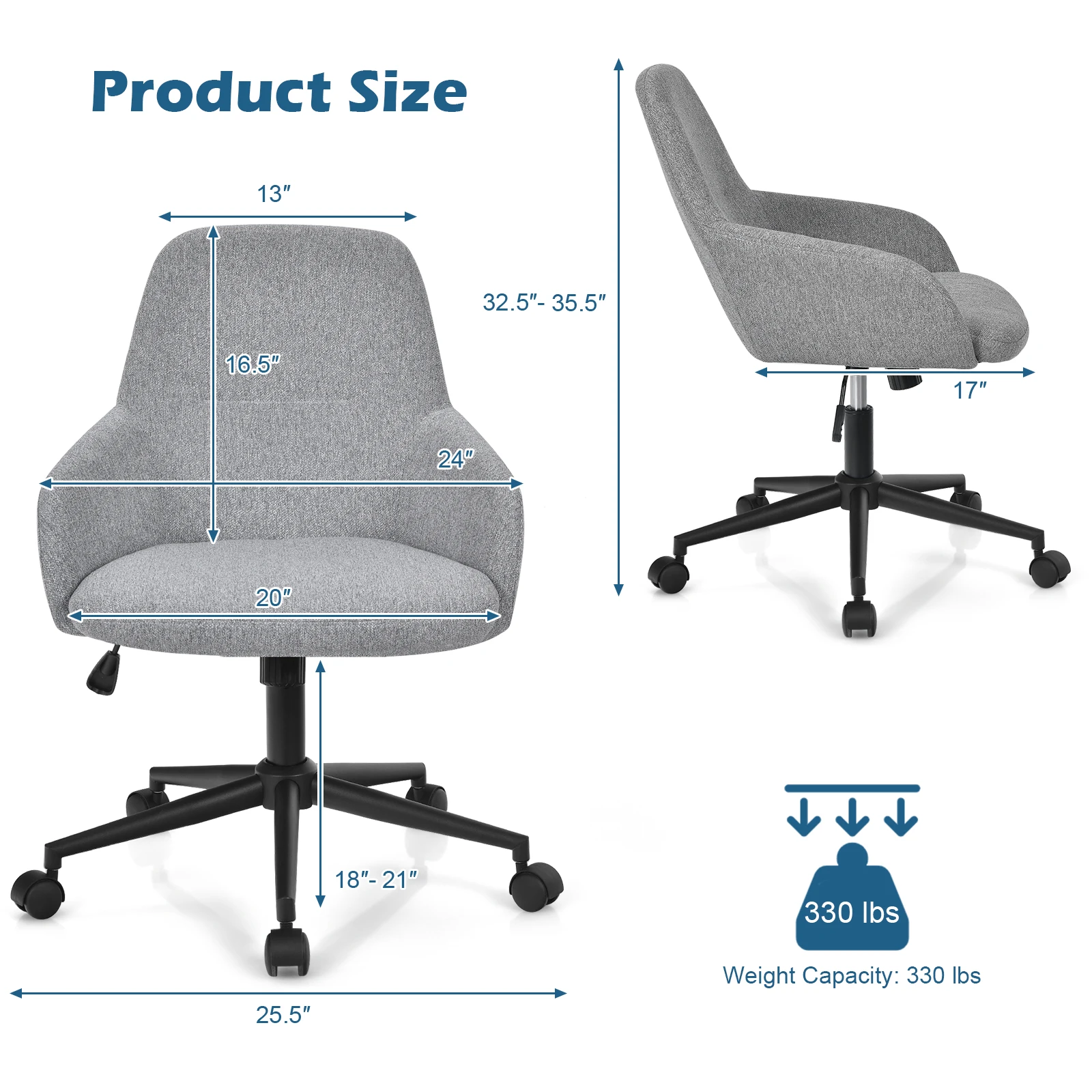 Silla de oficina de lino con reposabrazos, asiento giratorio, ajustable