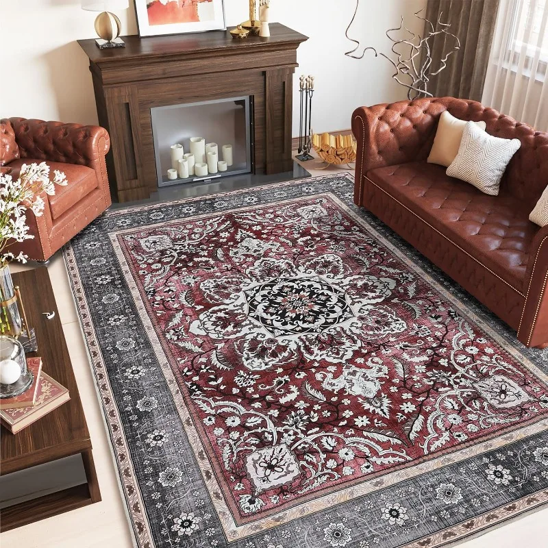 Bohemia Style Bedroom Rug for Living Room Low-Pile Vintage Rugs Non-Slip Non-Shed Floral Print Floor Carpet for Home Decor