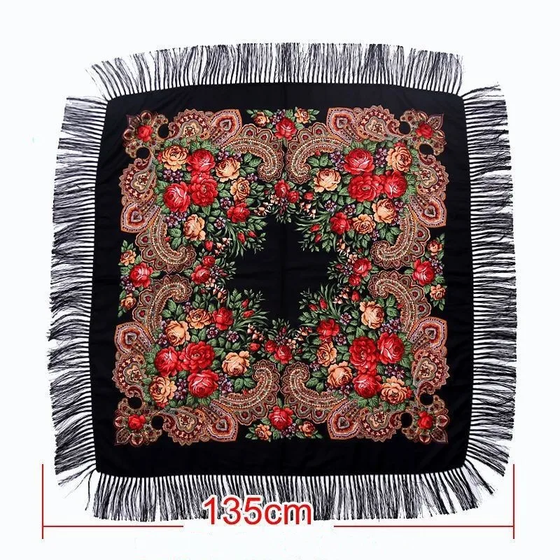 135*135cm Women Russian Scarf Luxury Floral Print Square Bandana Scarves Fringed Blanket Shawl Babushka Handkerchief Head Wraps