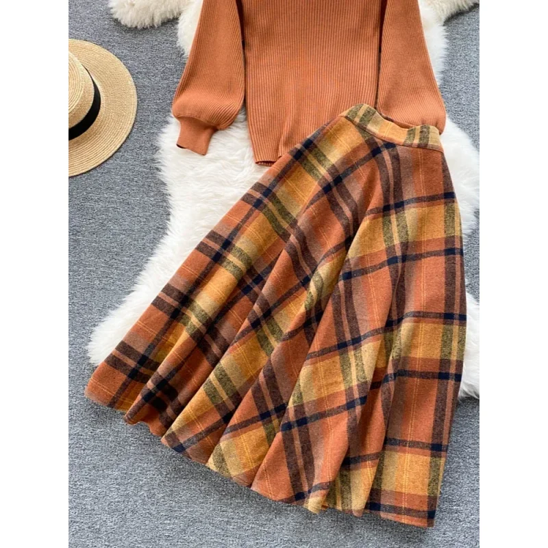 Retro Casual Sweater 2 Piece Set Women Lantern Sleeve Sheath Knitt Top+Elastic Loose Long Skirt Female Autumn Elegant SuitsWomen image 4