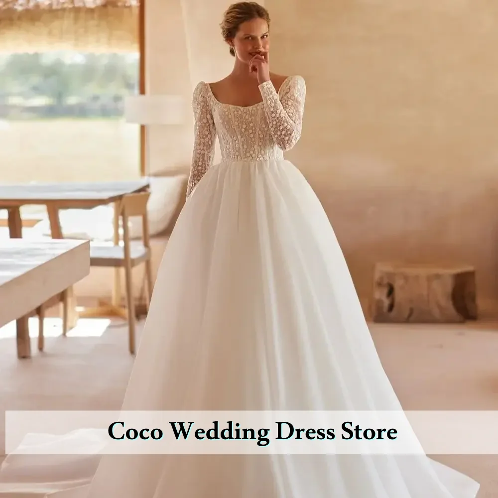 

Customized Elegant Puff Sleeve Wedding Dress Classic Lace Appliques Bride Robe Shiny Charming A-line Bridal Gown