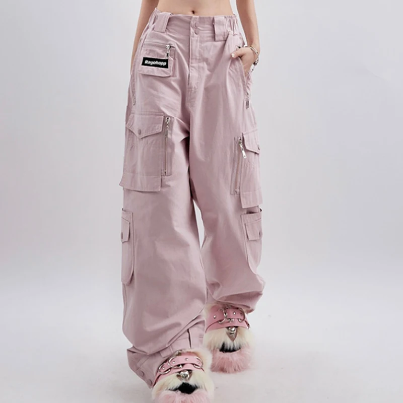 Women\'s Pink Cargo Pants Vintage Harajuku Y2k Aesthetic Loose Parachute Pants Oversize High Waist Baggy Trousers 2000s Clothes