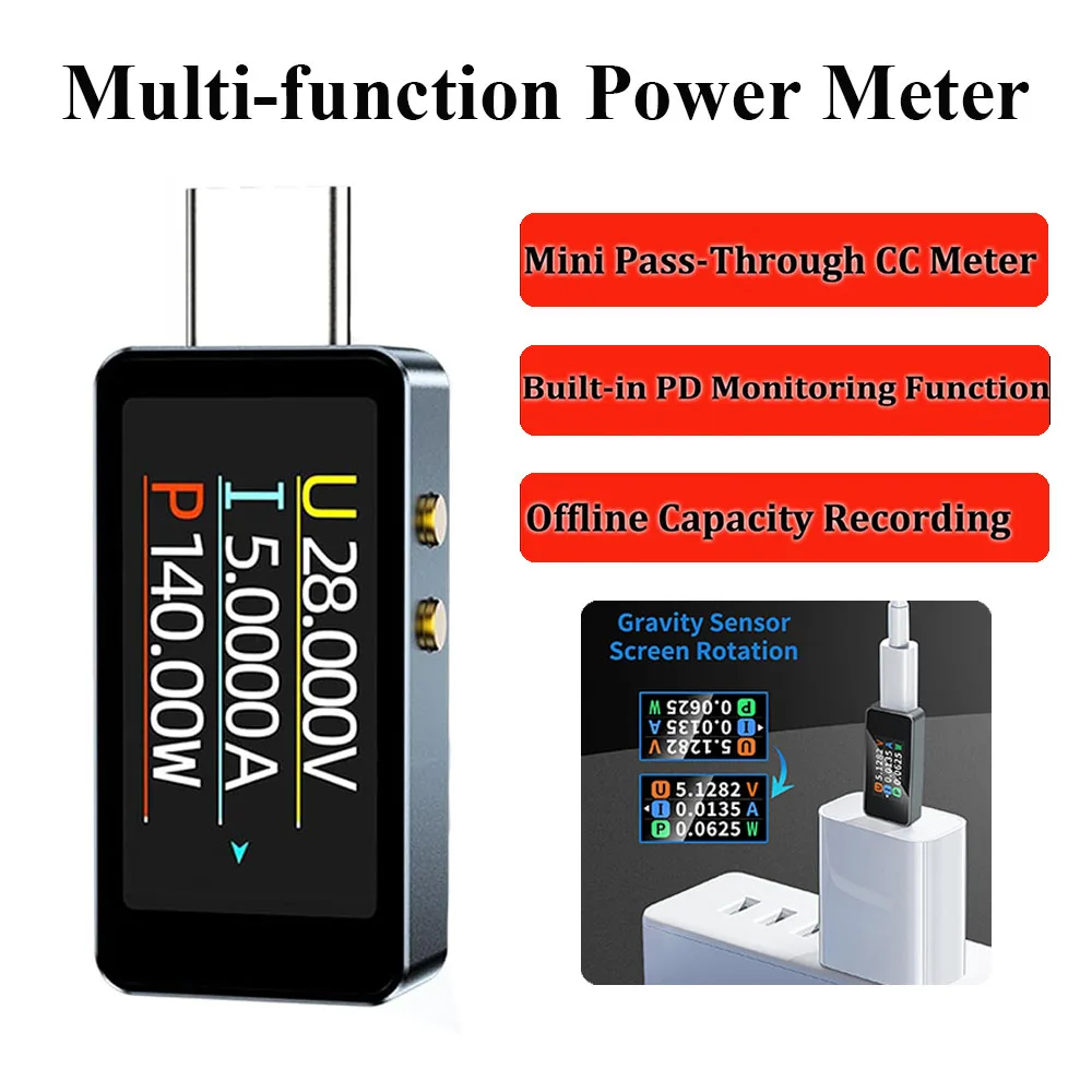 

New Multi-function Power Meter 0.96inch Color IPS LCD Digital Display DC4-28V Voltage Current Meter Type-C Phone Charging Tester