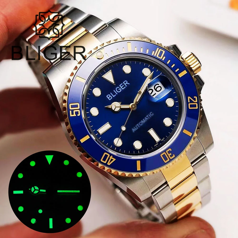 BLIGER 40mm Diver\'s Watch For Men Luxury Automatic Mechanical Wristwatches Sapphire Glass Luminous Two-tone Gold Stainless Steel