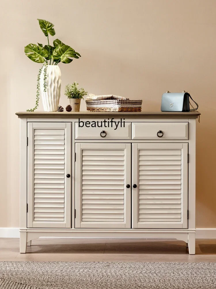 American Mediterranean pure solid wood cabinet simple pastoral rural living room three-door porch cabinet large locker shoes9338