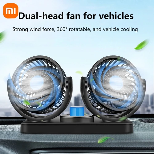 Ventilador de coche Xiaomi 360 ° Ventilador de aire ajustable de 2 cabezales, ventilador eléctrico automotriz, ventilador USB/12V/24V, ventilador silencioso de 2 velocidades para escritorio en casa
