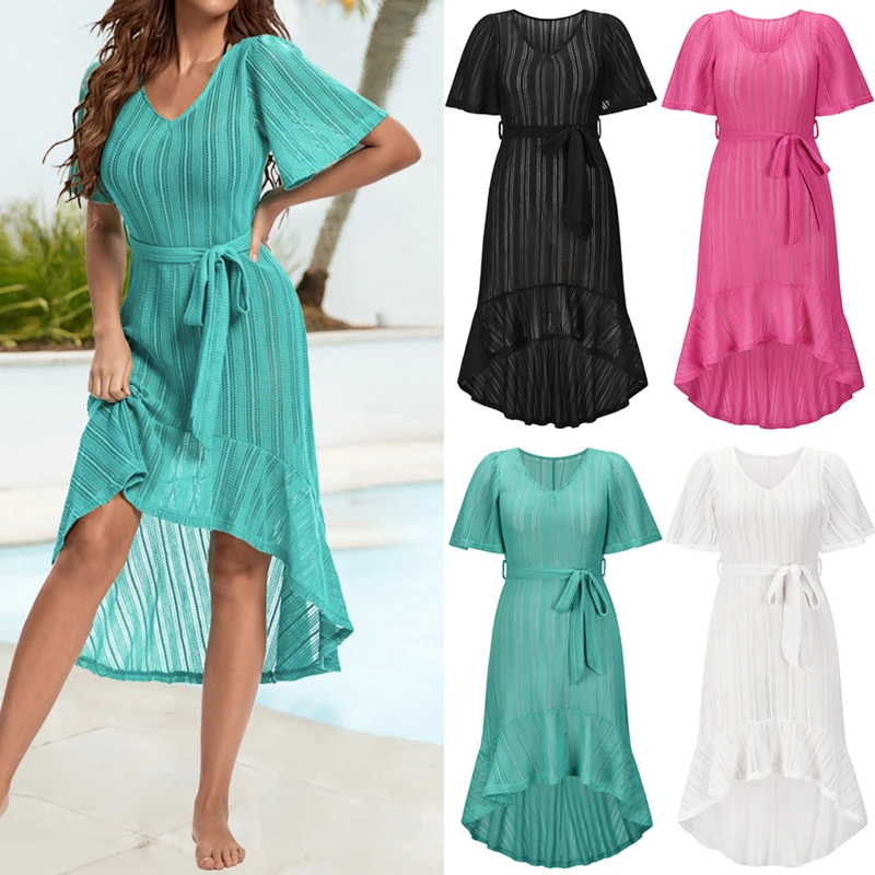 

2022 Sexy Women's Summer Beach Sundress V-neck Short Sleeve Hollow Out Knee Length Swimwear Bikini Cover Up Dress Female Vestido