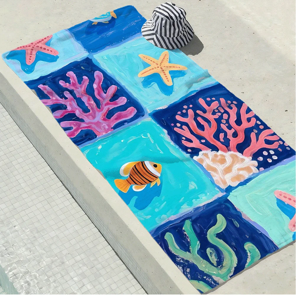 Colorful Undersea Blocks Dreamy Ocean Scene HD Digital Print Beach Towel, Machine Washable, Suitable for Beach, Pool