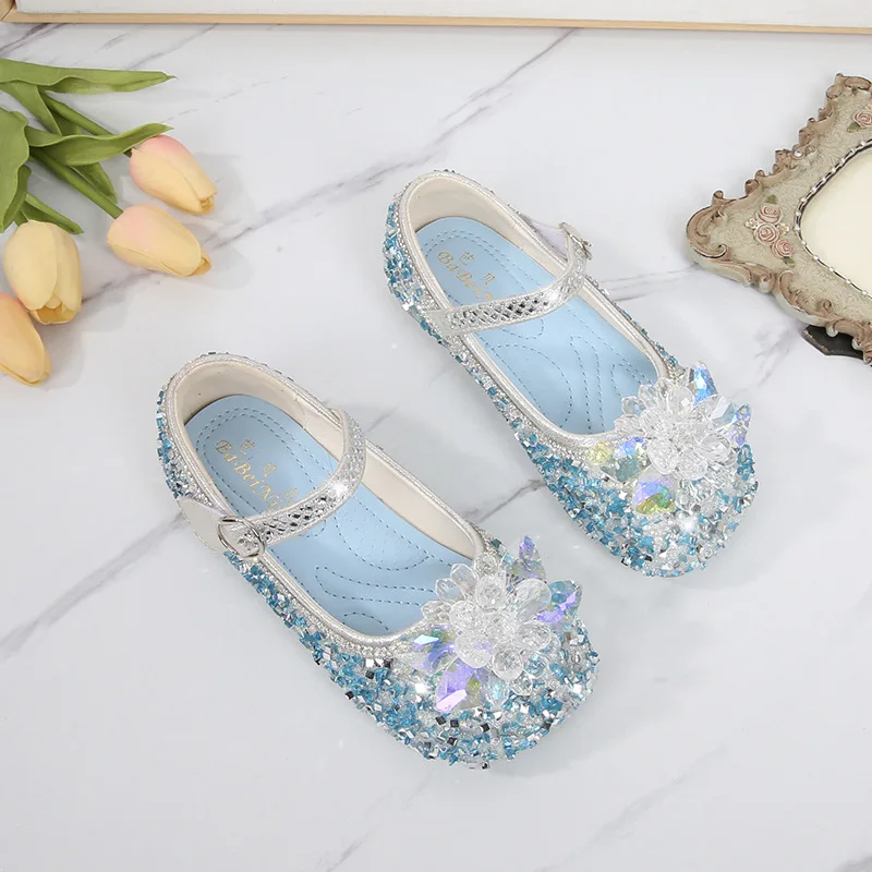 Zapatos de princesa para niñas, calzado de cuero con diamantes de imitación, azul, rosa, ostentoso, Mary Janes