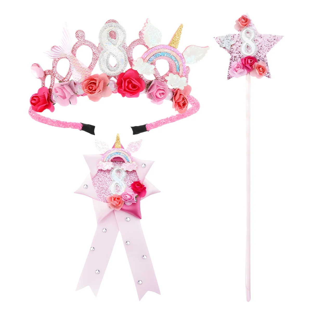 Pink Princess Tiara Accessory Set 3Pcs Magic Wand Crown Brooch Sparkly Birthday Milestone Gathering Glossy Decor Hair Ornament