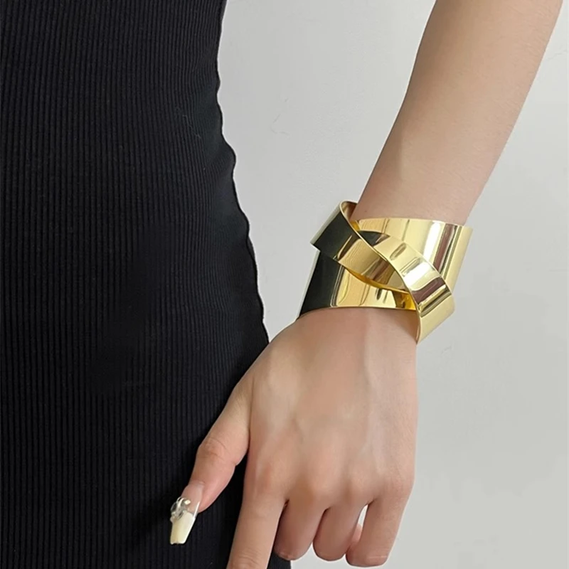 Exaggerated Glossy Metal Cross Open Wide Bracelets for Women Men Hip-hop Punk Trendy Jewelry Catwalk Accessories