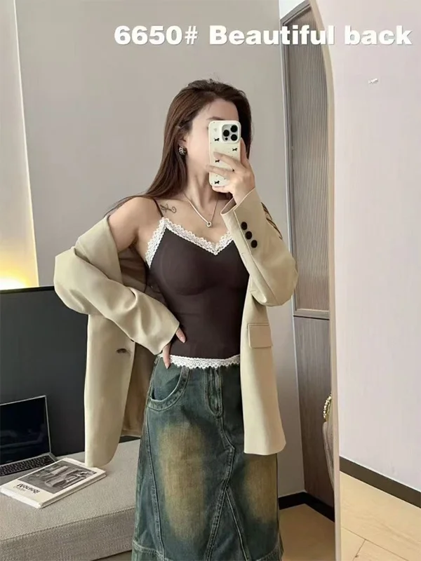 レーストリム付きタンクトップ レディースインナーウェア 秋冬 美しいブラインナーパッド入り スリムフィット チューブトップ...