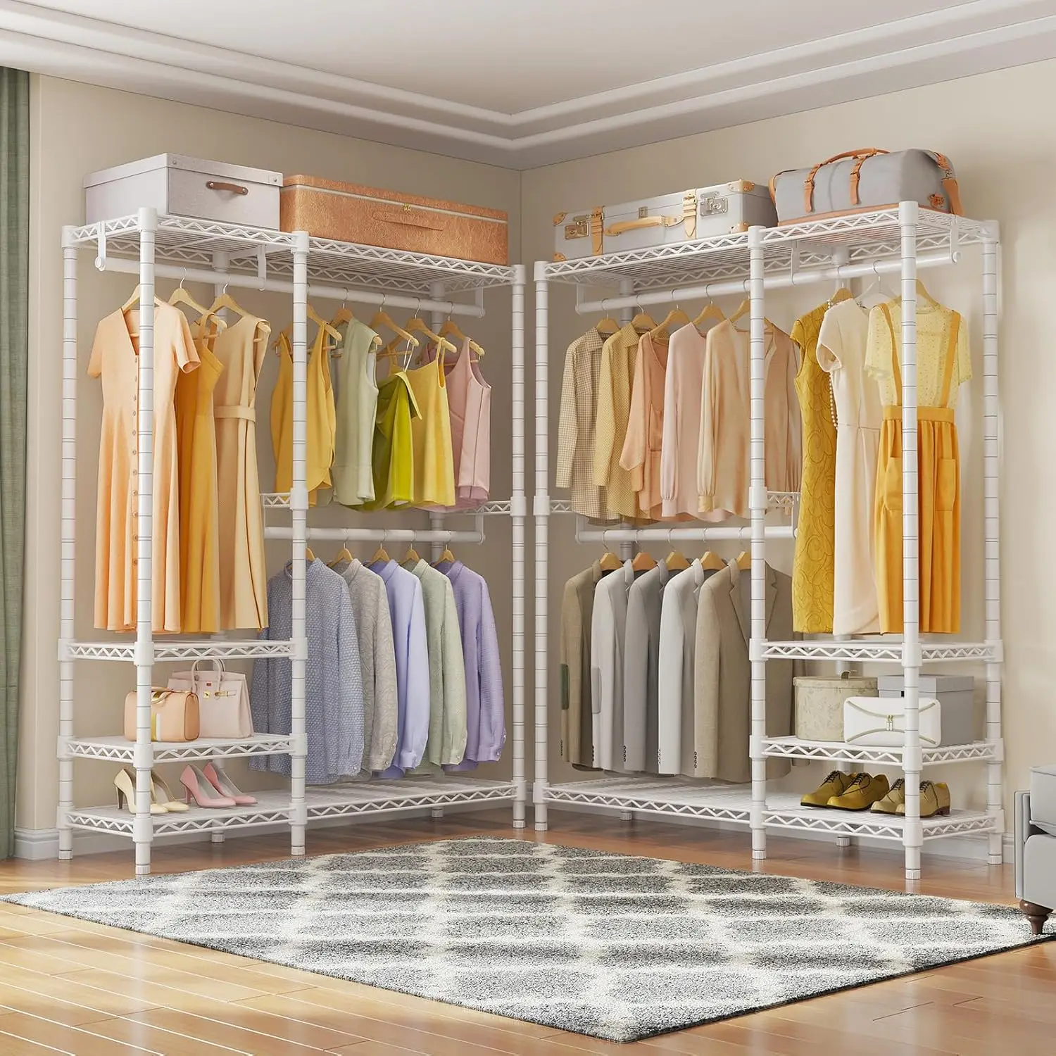 V2i 휴대용 의류 랙, 4개의 선반과 2개의 막대 포함, 고강도 금속 옷걸이, 최대 하중 700파운드