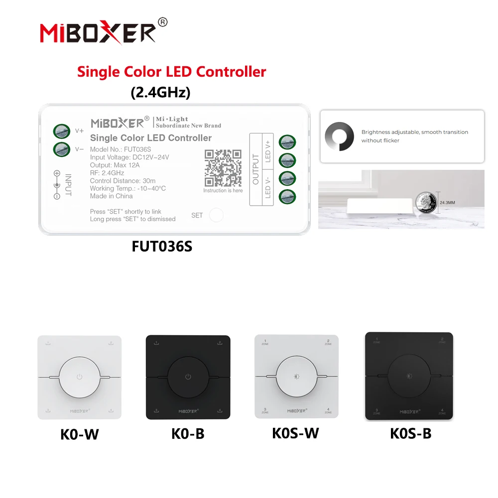 MiBoxer DC12~24V FUT036S+K0/K0S 2.4GHzRF Wireless Single Color 12A/Channel LED Controller For Single Color COB/Led Strip