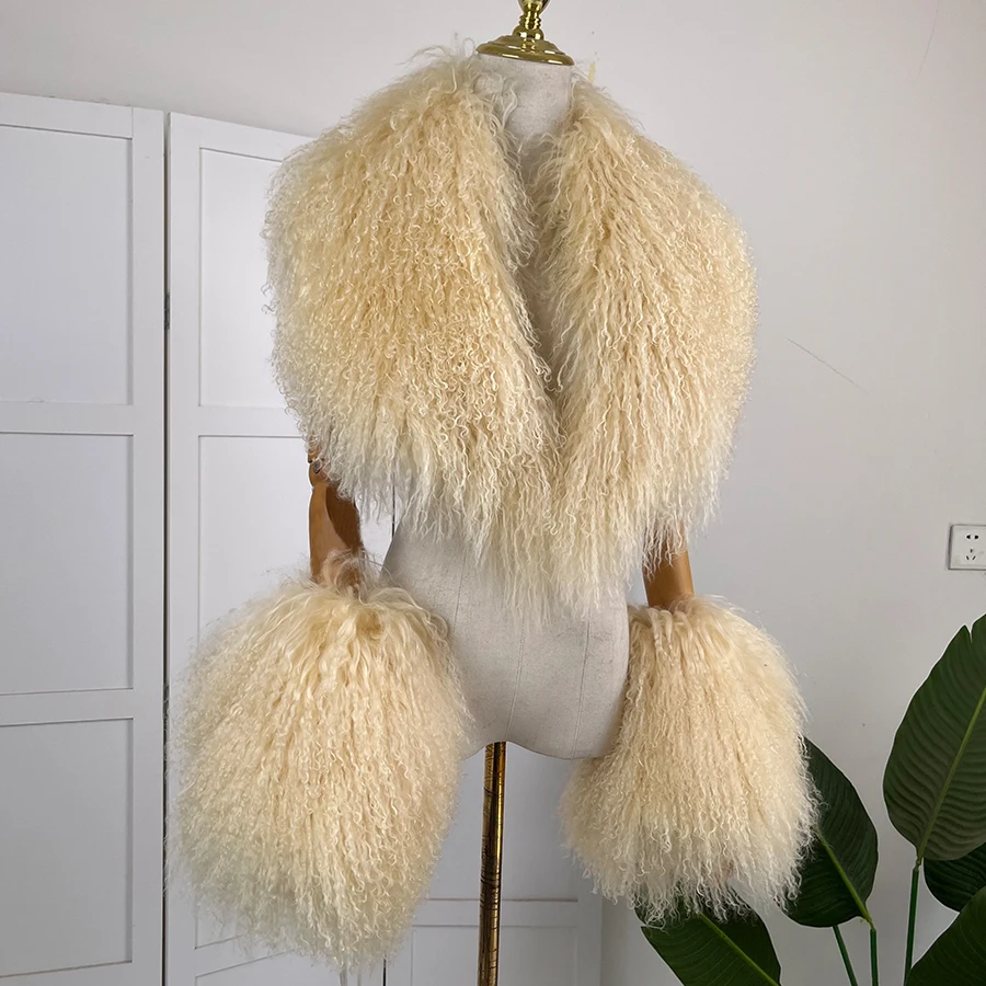 Cuello y puños de piel de oveja auténtica para abrigos de mujer, accesorios de piel desmontables, mangas de piel natural de Mongolia, nuevo adorno de piel auténtica a la moda.