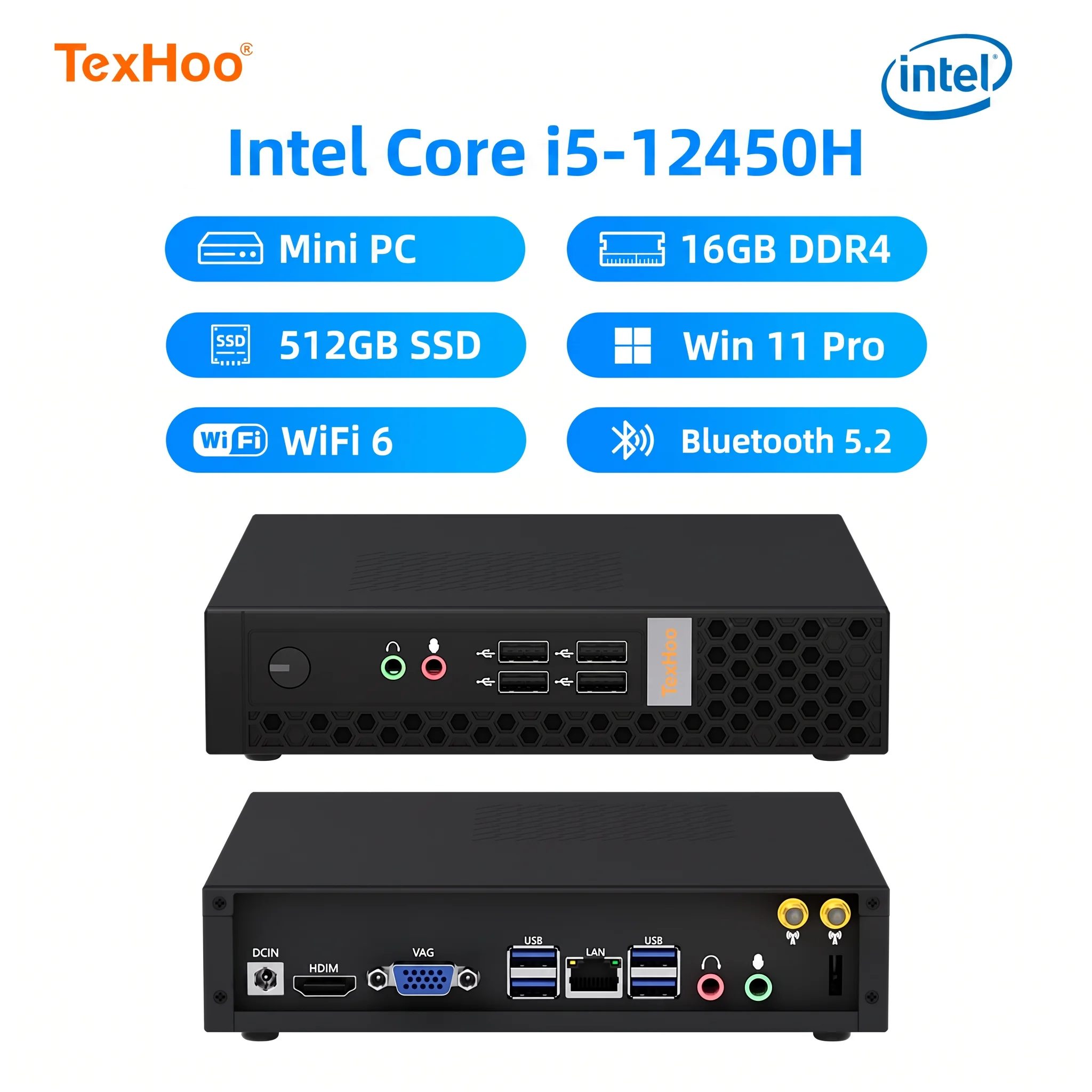 Texhoo MINI PC Intel Core i5 12450H/13500H 4.4GHz 16G DDR4 512G SSD Win 11 Desktop Mini Computers WIFI6 BT5.2 Dual 4k Display