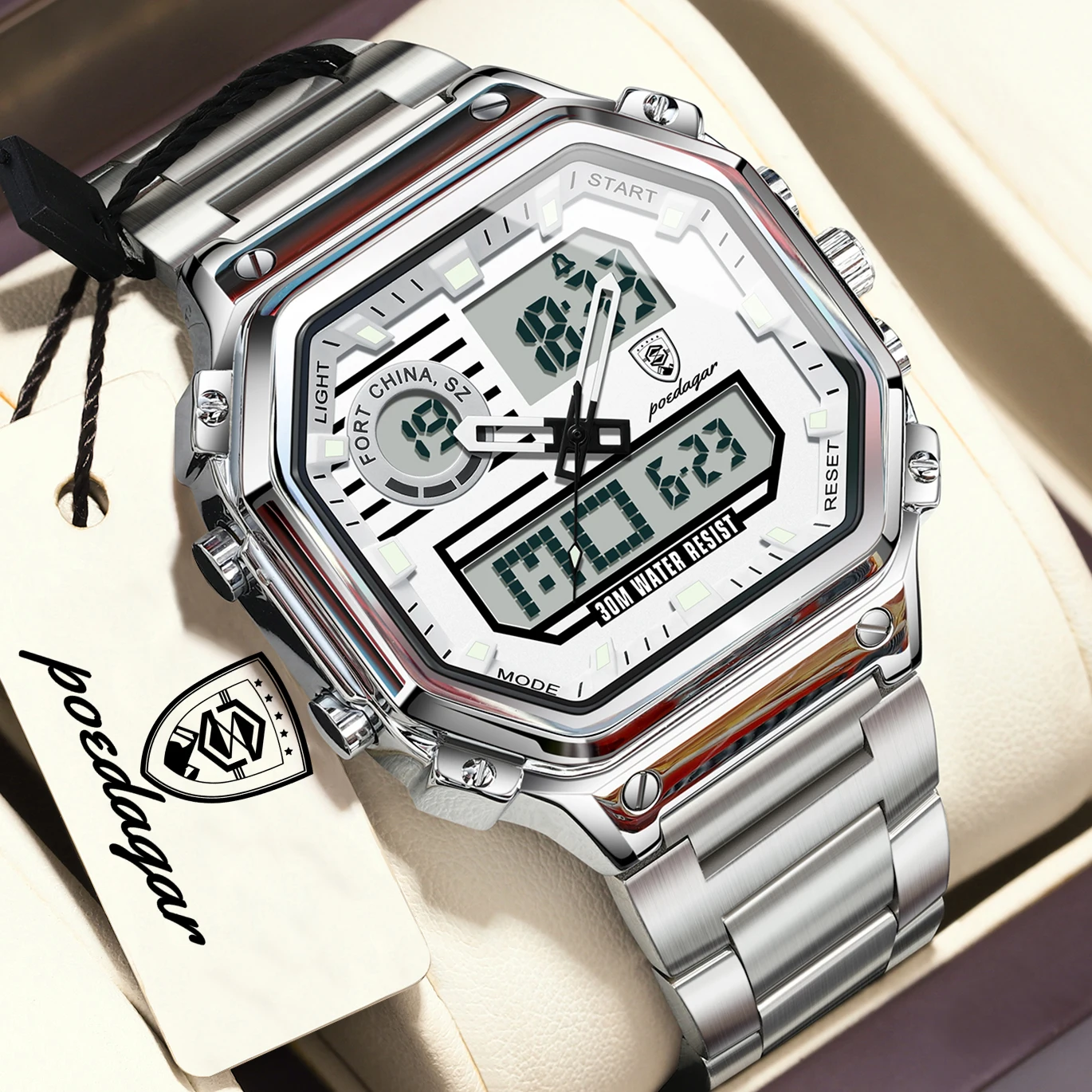 POEDAGAR Functional Men Wristwatch Waterproof Luminous Stainless Steel LED Man Watch Week Date Electronic Men's Quartz Watches
