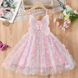 Fashion Girls Cute Butterfly Ribbon Dress 2025 Summer New Children Wings Mesh Dress Toddler Kid Sling Princess Party Dresses