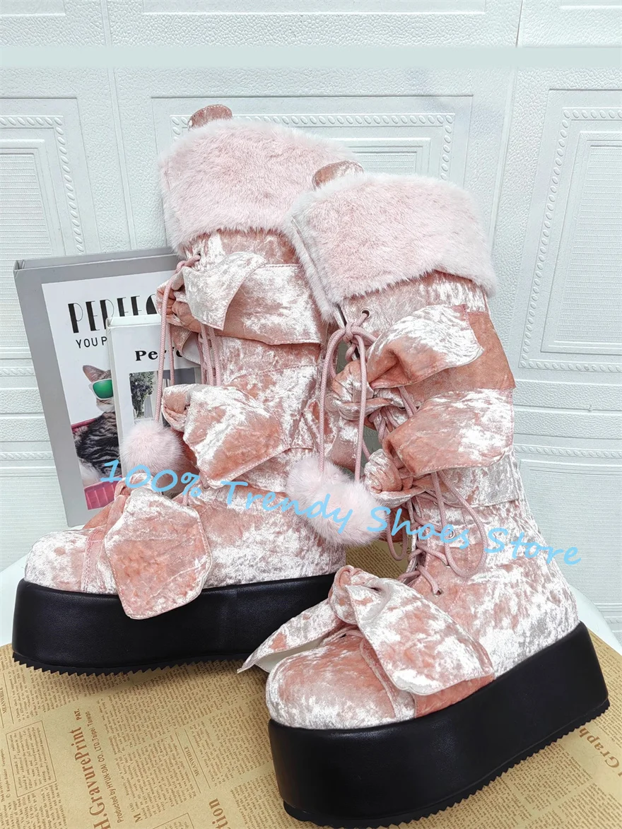 

Lolita Girl Pink Butterfly-Knot Hairball Long Boots Winter Warm Plush Splicing Chunky Bottom Mid-Calf Boots Women High Top Boots