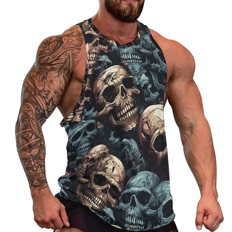 

3D Printed Camouflage Skull Tank Tops For Men Colorful Skeleton Pattern Tees Summer Loose Sports Street O-Neck Vest Casual Tops