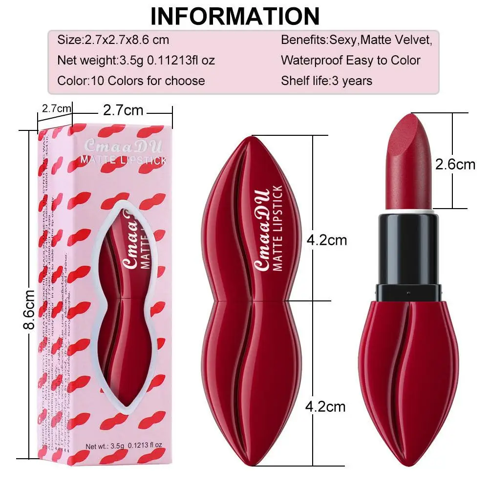 Matte Velvet Lipsticks, forma da boca, fácil de colorir, duradouro, impermeável, vermelho, batons maquiagem, cosméticos, 10 cores