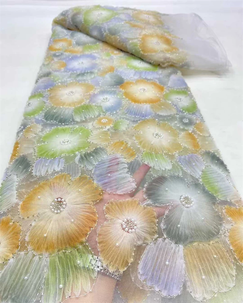 

African French 3D Flower Net Lace with Beads And Sequins Embroidery New Design for Party Evening Dress Fabric