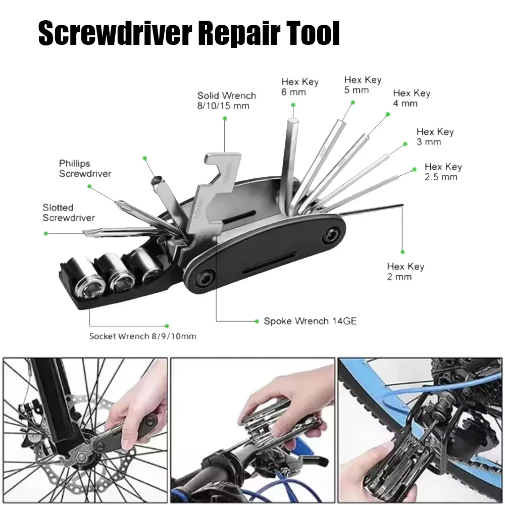 

16-in-1 Portable Bicycle Repair Tool Kit Hex Wrench Nut Tire Screwdriver Set for Motorcycle And Bicycle Maintenance