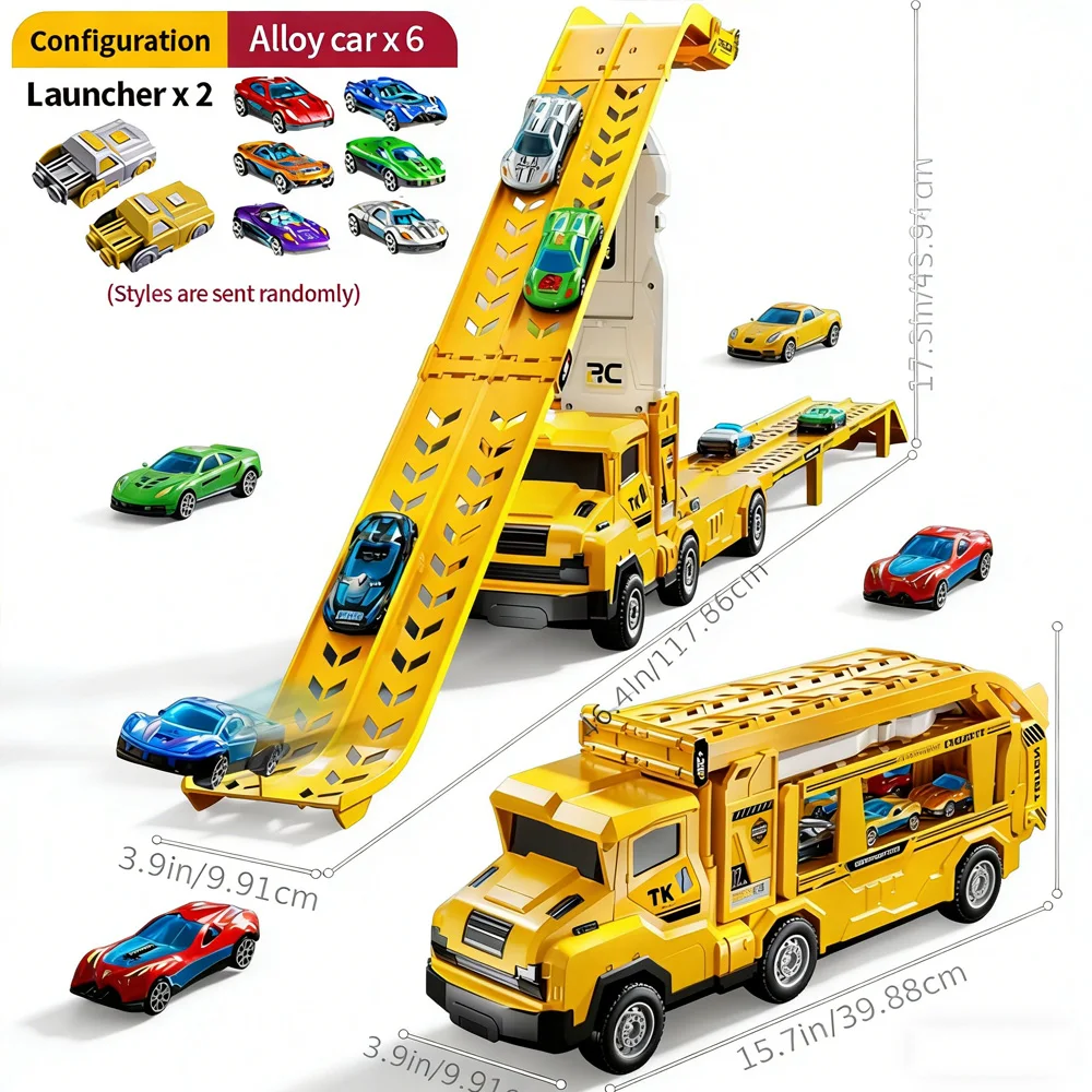 Large size foldable double track track track -6 metal cars+2 transmitters (color random), suitable for children aged 3-8 as gift