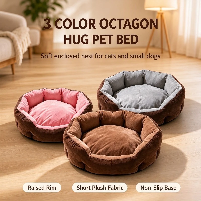 Octagonal Hug Pet Bed, Soft Short Plush Raised Rim Dog Cat Bed, Non-Slip Base, 3 Colors, For Small Medium Pets
