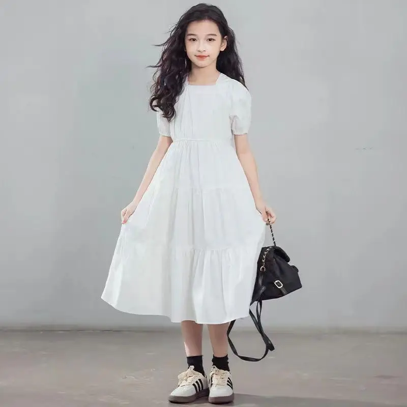 2026 new summer princess white black dress boat neckline short sleeve backless kids children Ruffle teens 5 6 8 9 10 11 12 years