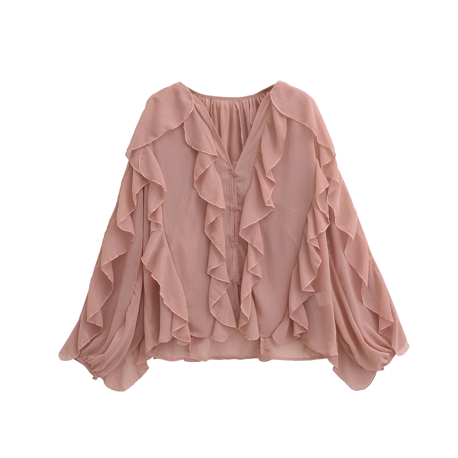 

ZBZA Spring New Women's Faion Design Decorative irt Layered Sle V-ne Long Sve Loose Fit Polyester Casual irt
