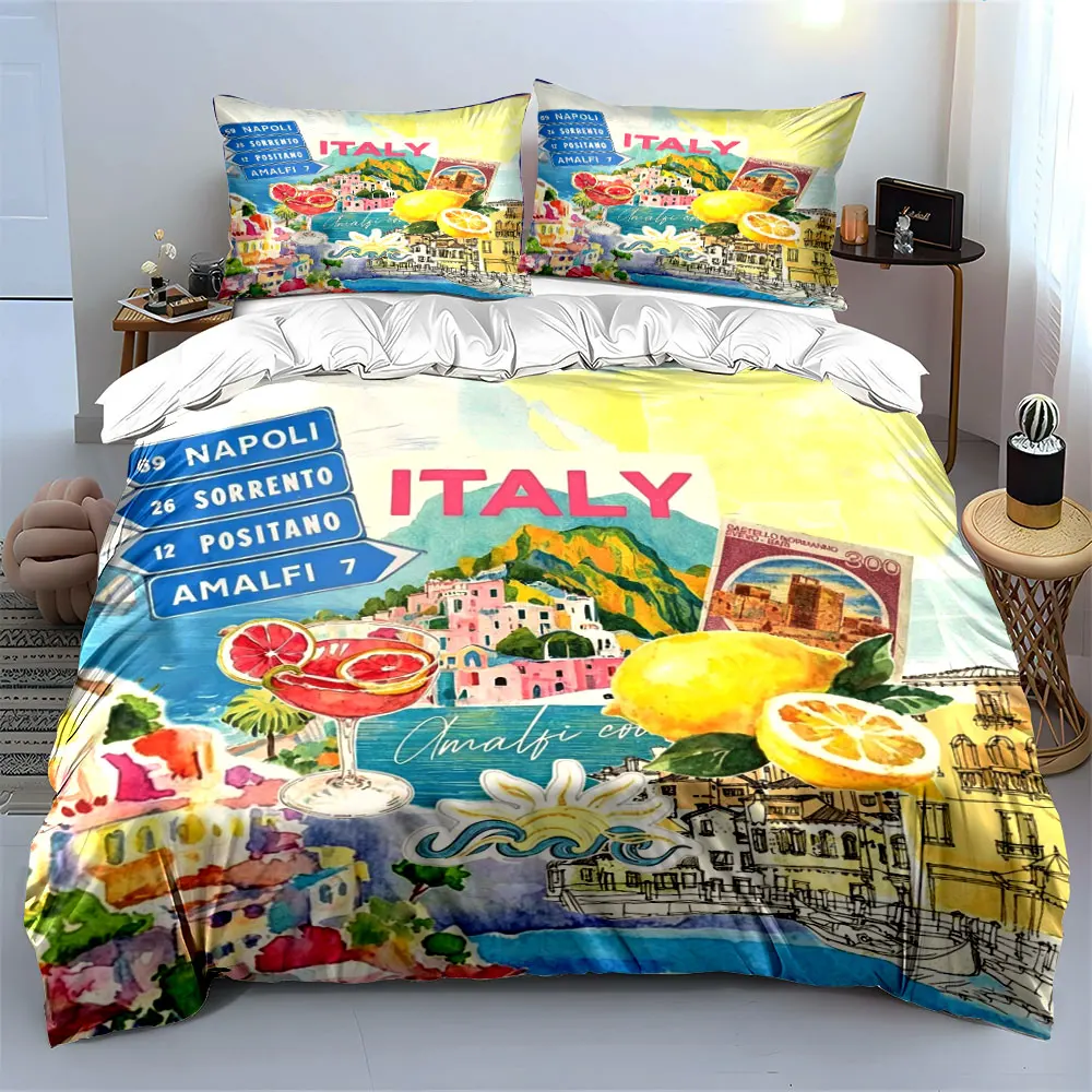 Italy Amalfi Coast Travel Collage Bedding Set,Lemon Coastal Town Cocktail Vintage Stamp Map Print Duvet Cover Set,Home Decor 3PC