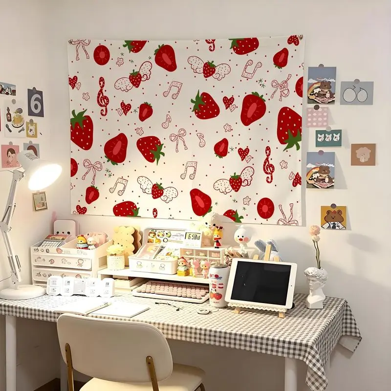 VIKAMA Red Strawberry Pattern Tapestry, Fruit Music Note Wall Hanging for Bedroom Dorm Desk Room Decor