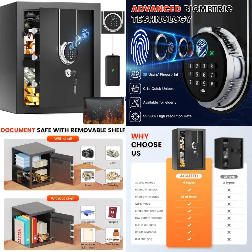 Biometric Fingerprint Safe Box, 1.3 Cuft Home Security Safe with Fireproof Waterproof Bag, Combination Keypad, Anti-Theft Dual A