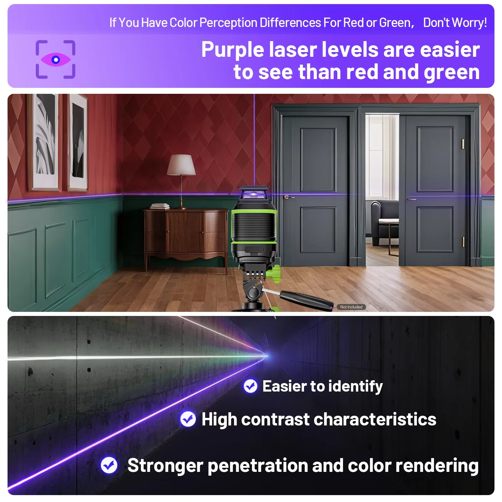 Huepar الأرجواني مستوى الليزر الأفقي العمودي الذاتي التسوية عبر خطوط أداة الليزر مع قوس وتعديل السطوع D011CP