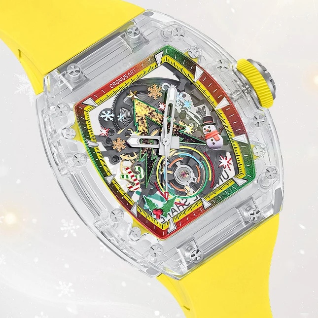 CRONUSART Men Automatic Watch Tonneau Mechanical Wristwatch Acrylic Case Sapphire Mirror Luminous FKM Strap Christmas Dial