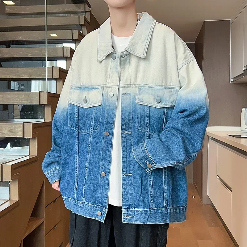 

American Retro Gradient Washed Denim Jacket Couple High Street Causal Loose Oversize Workwear Jackets Male Clothes