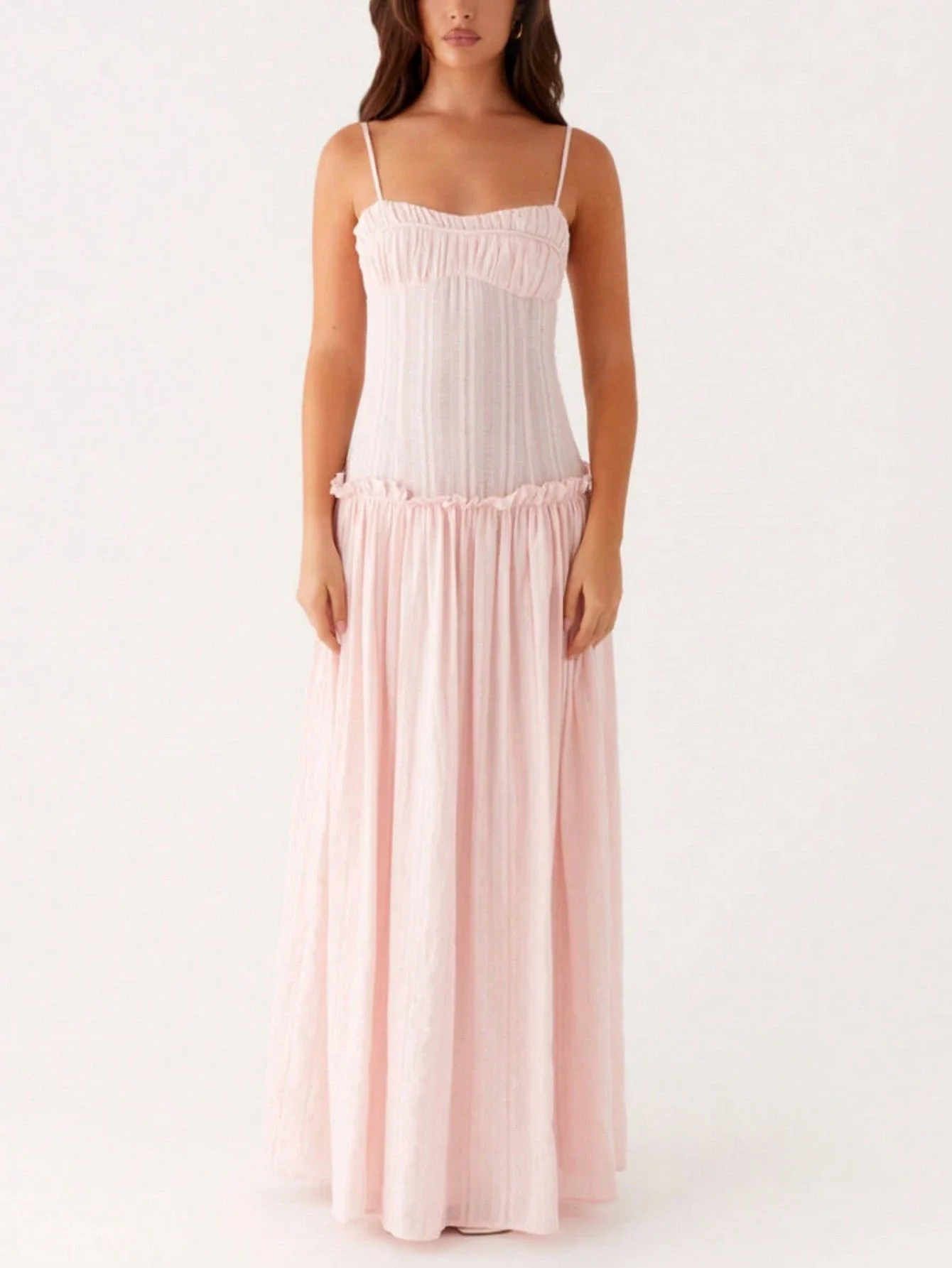 

Women Solid Color Spaghetti Strap Square Neck Pleated Flowy Maxi Dress Summer Beach Vacation Sundress