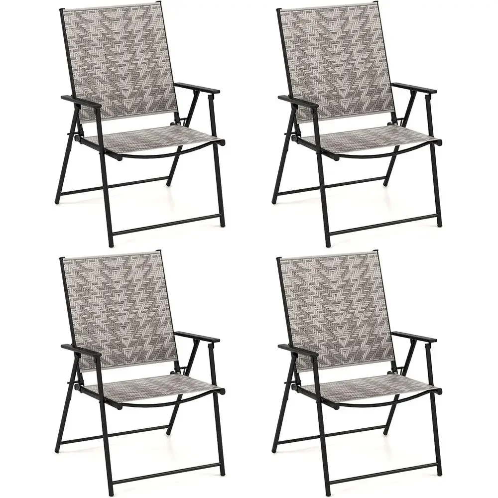 4-Piece Outdoor Wicker Dining Set with Armrests, Portable Metal Chairs for Garden, Poolside, No Assembly, Mix Gray