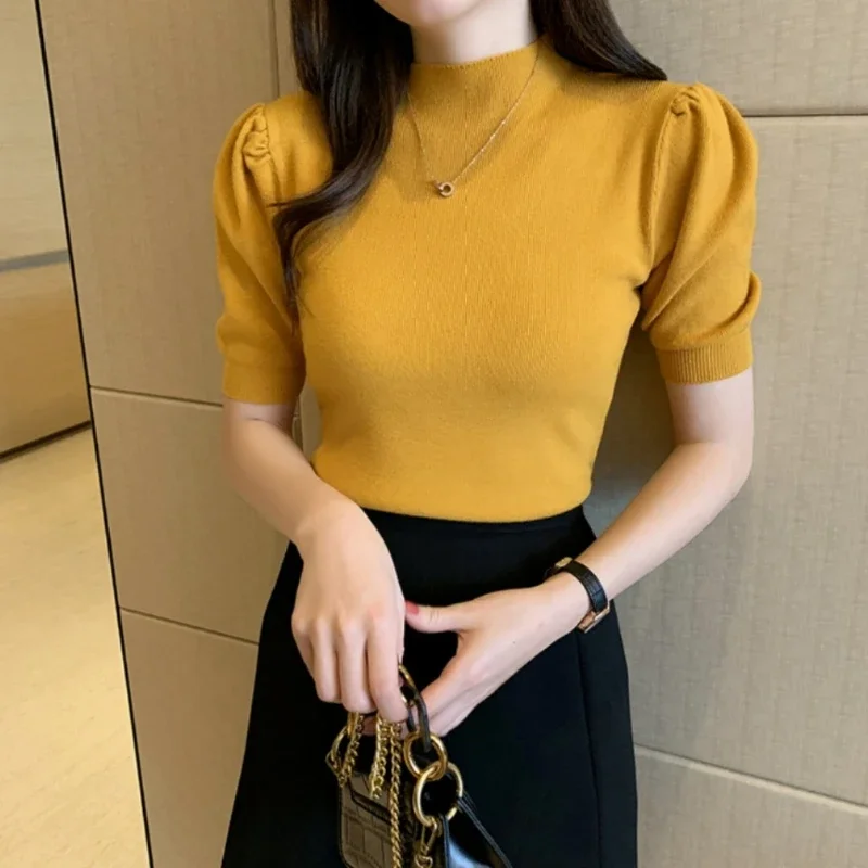 Camiseta ajustada de verano para mujer con mangas cortas abullonadas jersey de cuello alto blusa de punto elástica camisetas de Color sólido