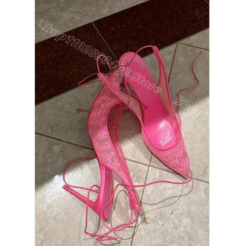 

Pink Air Mesh Lace Sandals Ankle Strap Pointed Toe Stylish Spring British Style Women Elegant Sandals 2025 Zapatos Para Mujere